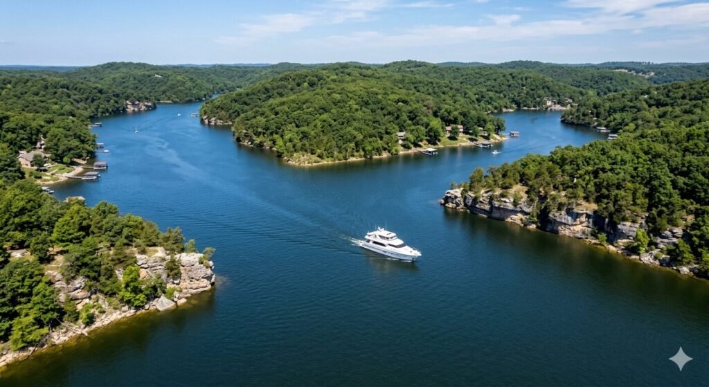 Luxury yacht cruising the calm waters of the Big Niangua Arm at Lake of the Ozarks