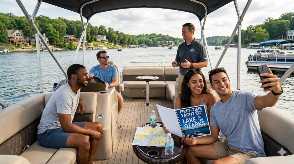 Luxury yacht rental at Lake of the Ozarks Missouri on a sunny summer day