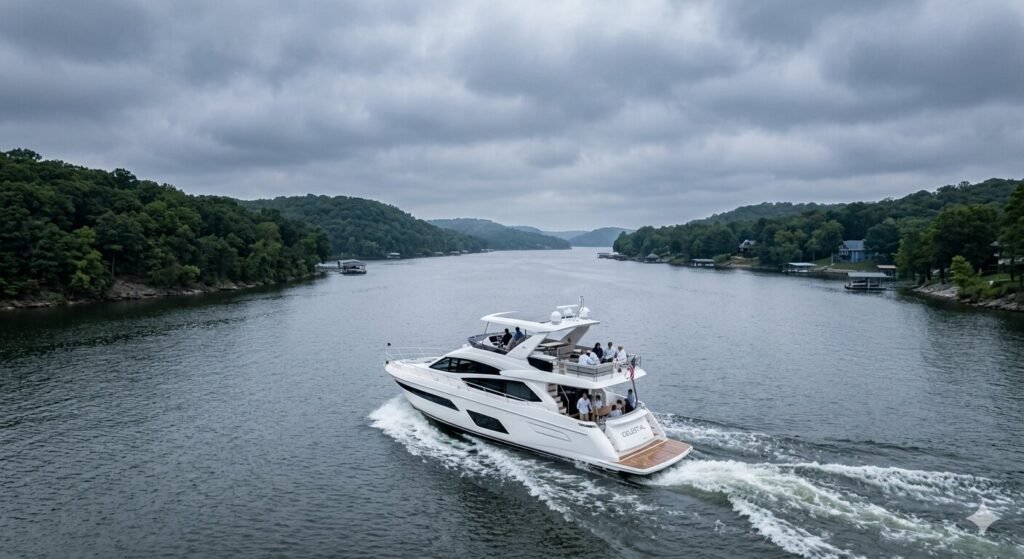 Luxury yacht rental on Lake of the Ozarks on a rainy day