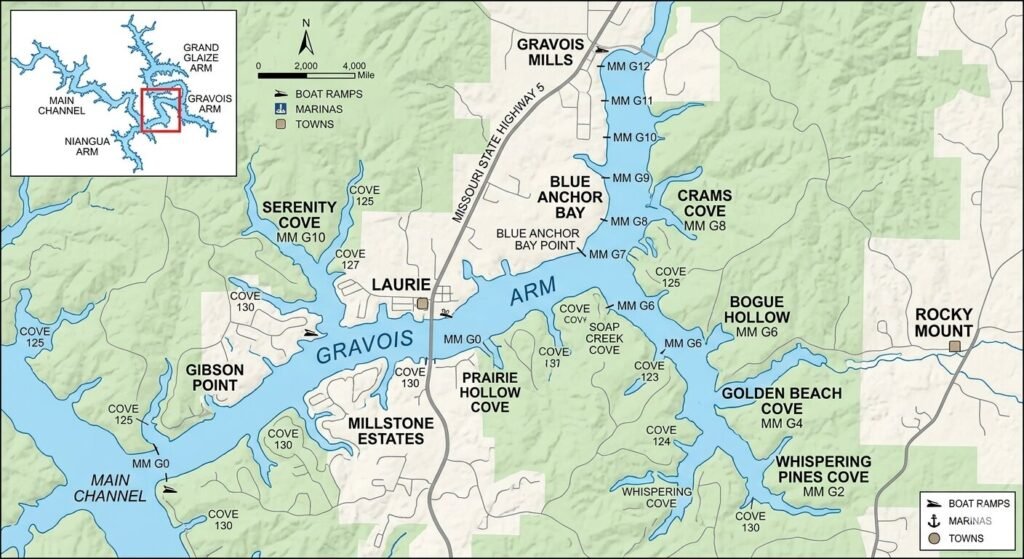 Map view of the Gravois Arm and surrounding coves at Lake of the Ozarks Missouri