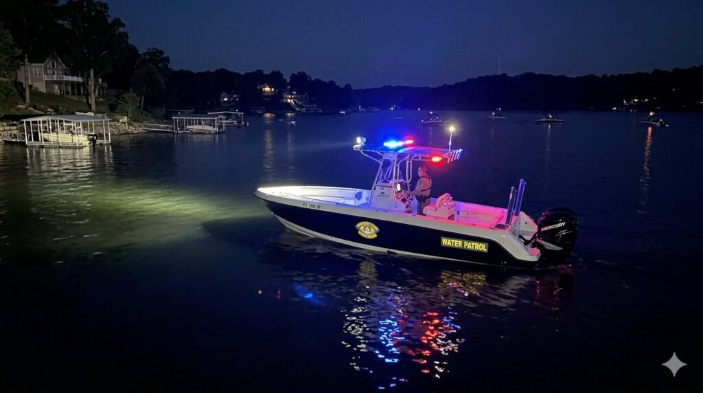 Missouri Water Patrol boat on Lake of the Ozarks during nighttime patrol
