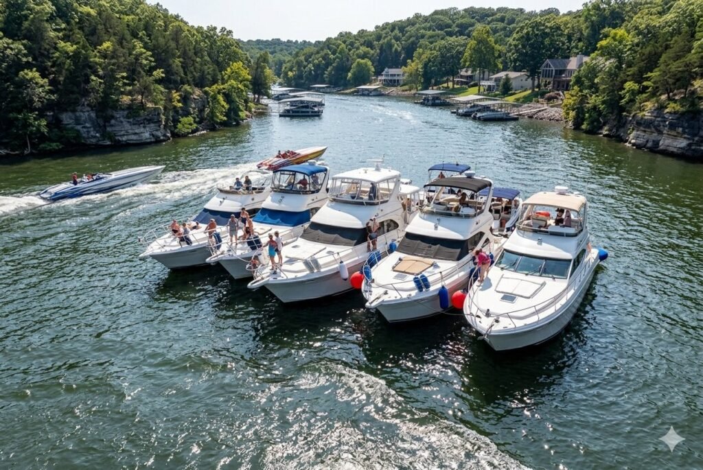 Multiple boats anchored in a protected cove at Lake of the Ozarks with fenders deployed between vessels during wake conditions