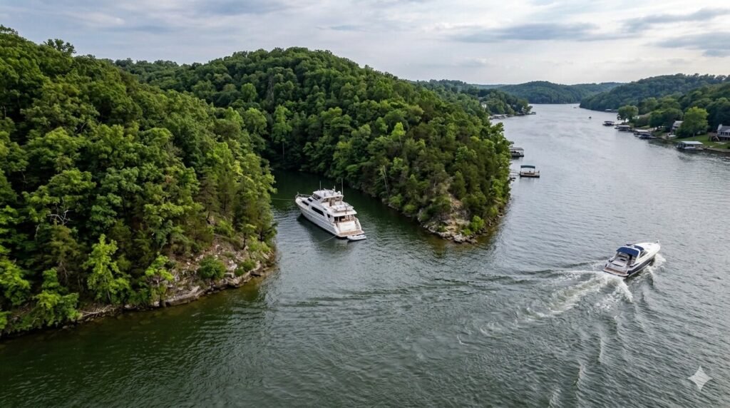 Narrow protected cove entrance at Lake of the Ozarks providing shelter for a large anchored yacht from main channel wake