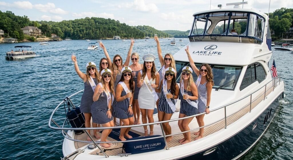 Nautical themed bachelorette party group in navy and white stripes on a Lake Ozark yacht charter