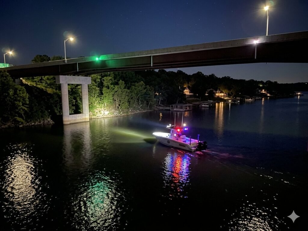 Navigation lights glowing red and green on a boat at Lake Ozark after sunset