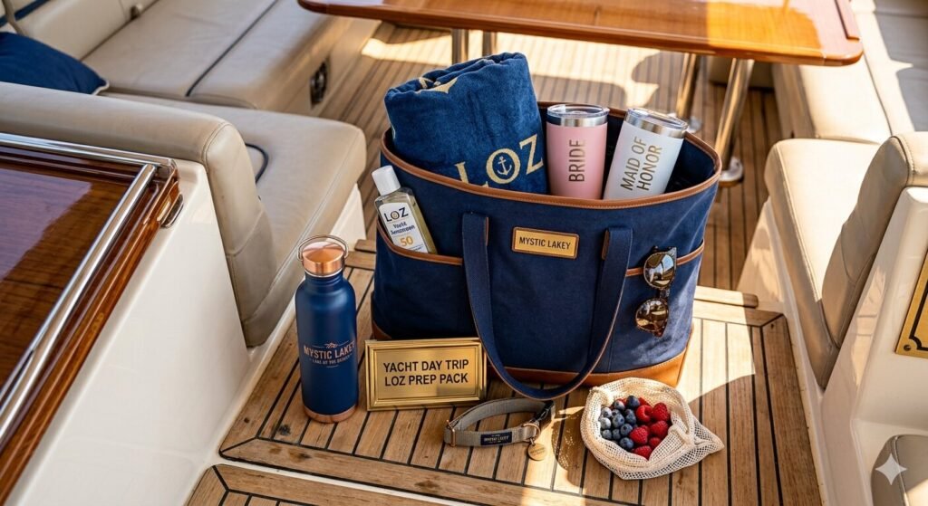 Neatly packed bag with sunscreen towel sunglasses and water bottle laid out for a Lake of the Ozarks yacht day trip