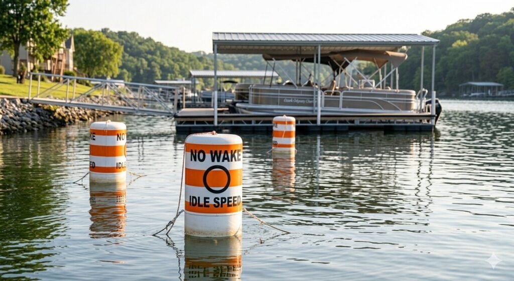 Orange and white no-wake zone buoys marking a restricted dock area at Lake of the Ozarks
