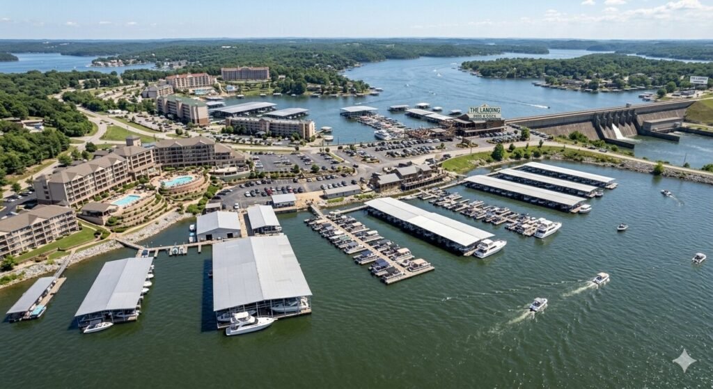 Osage Beach waterfront view from the lake with marinas and resort shoreline