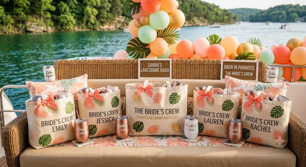 Personalized bachelorette welcome tote bags and custom cups arranged on charter yacht seating at Lake of the Ozarks