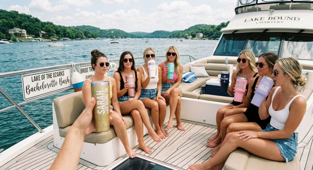 Personalized insulated tumblers as bachelorette party favors for a lake day cruise at Lake of the Ozarks