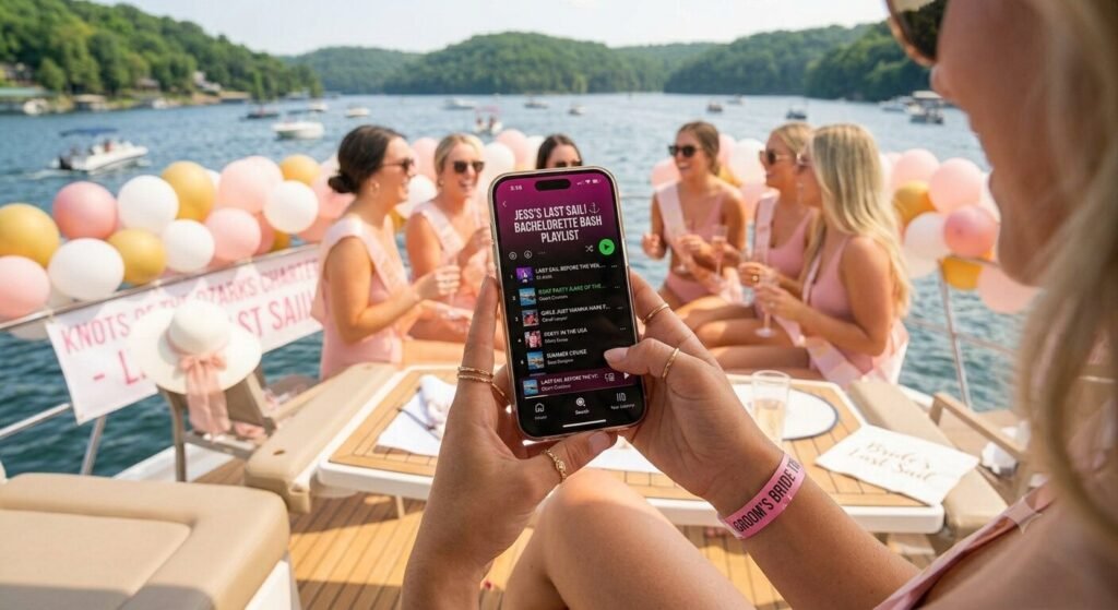 Phone displaying a custom bachelorette party playlist on a charter boat at Lake of the Ozarks during summer cruise