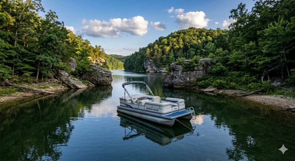 Pontoon boat anchored in a quiet cove on the Big Niangua Arm of Lake of the Ozarks