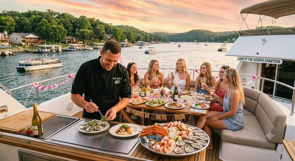 Private chef preparing fresh seafood course on a bachelorette party boat at Lake of the Ozarks Missouri