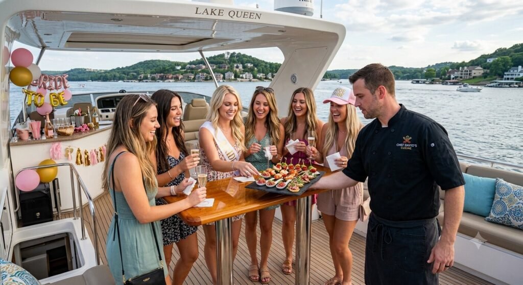 Private chef serving gourmet appetizers on a luxury yacht at Lake of the Ozarks during a bachelorette party