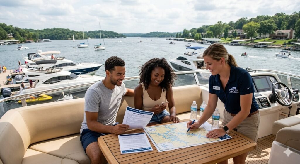 Private tritoon boat charter cruising on Lake of the Ozarks