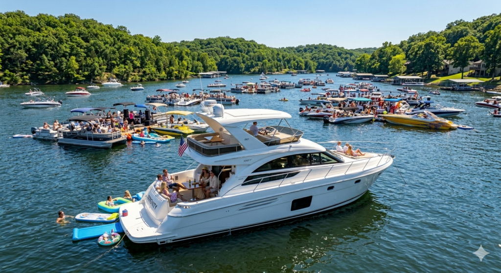 Private yacht anchored near Party Cove at Lake of the Ozarks with guests on board