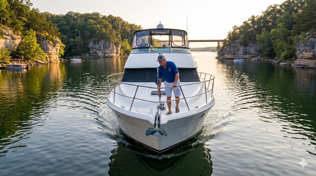Professional captain deploying anchor from a large yacht into a protected cove at Lake of the Ozarks Missouri