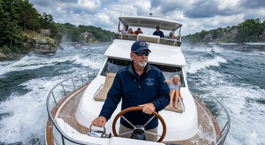 Professional captain steering a 50 foot luxury yacht through rough choppy water on Lake of the Ozarks Missouri