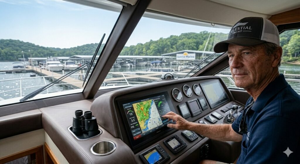 Professional captain steering a yacht with lake view in background