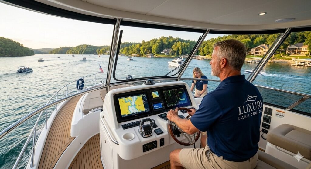 Professional yacht captain navigating luxury vessel on Lake of the Ozarks Missouri