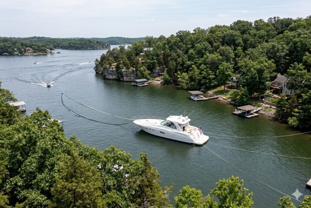 Proper anchor rode scope deployed from a large yacht anchored in a Lake of the Ozarks cove for wake condition protection