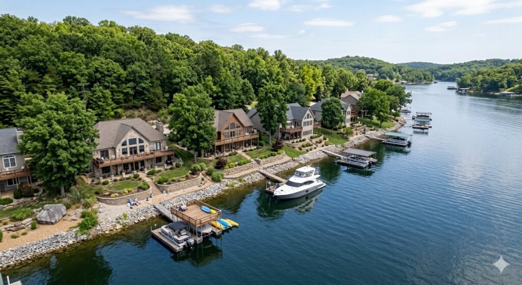 Quiet residential waterfront shoreline of Sunrise Beach Missouri on Lake of the Ozarks