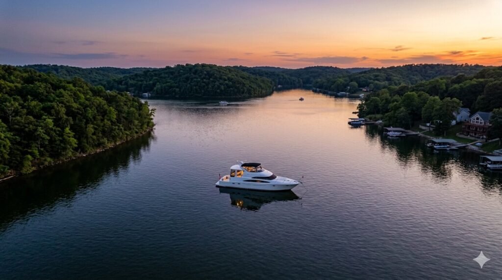 Quiet upper lake cove near Gravois Mills at Lake of the Ozarks ideal for large yacht overnight anchoring