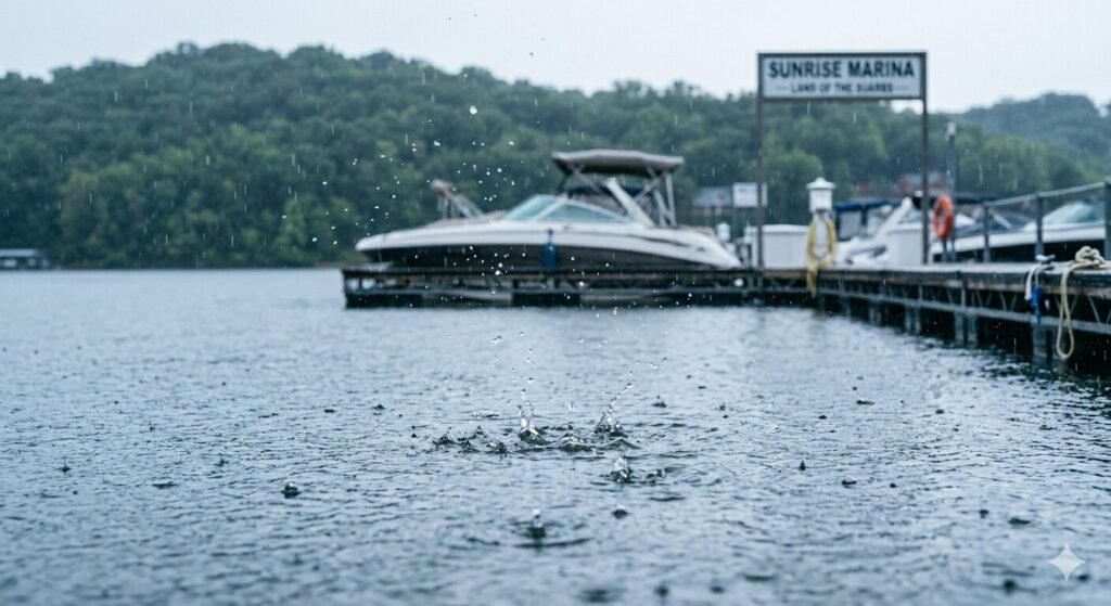 Rain falling on Lake of the Ozarks water during boat charter
