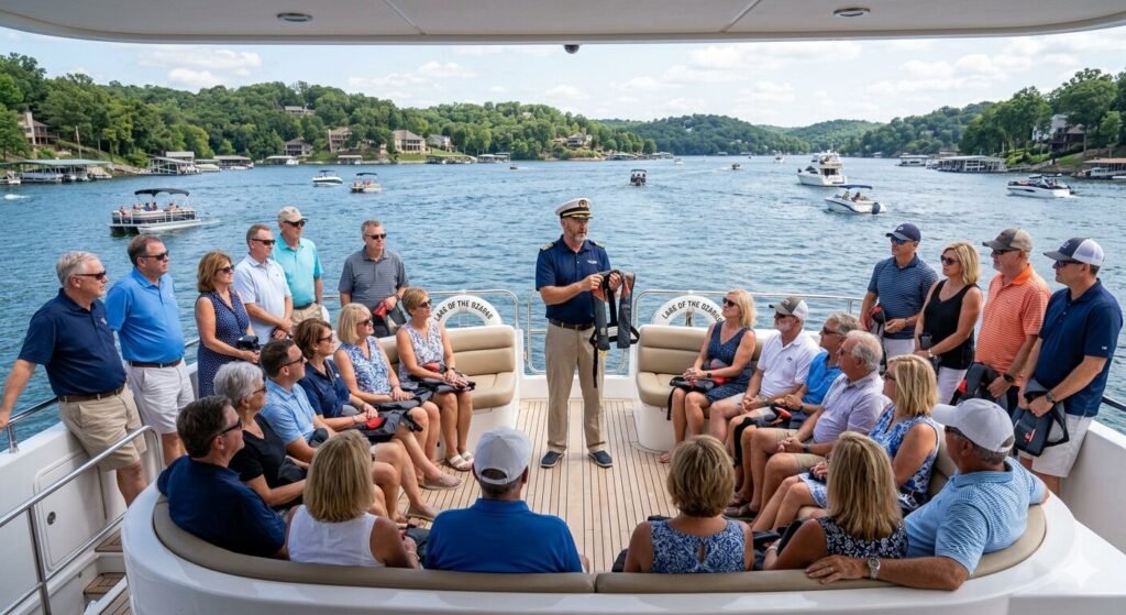 Safety equipment briefing for large group boat rental at Lake of the Ozarks LOTO