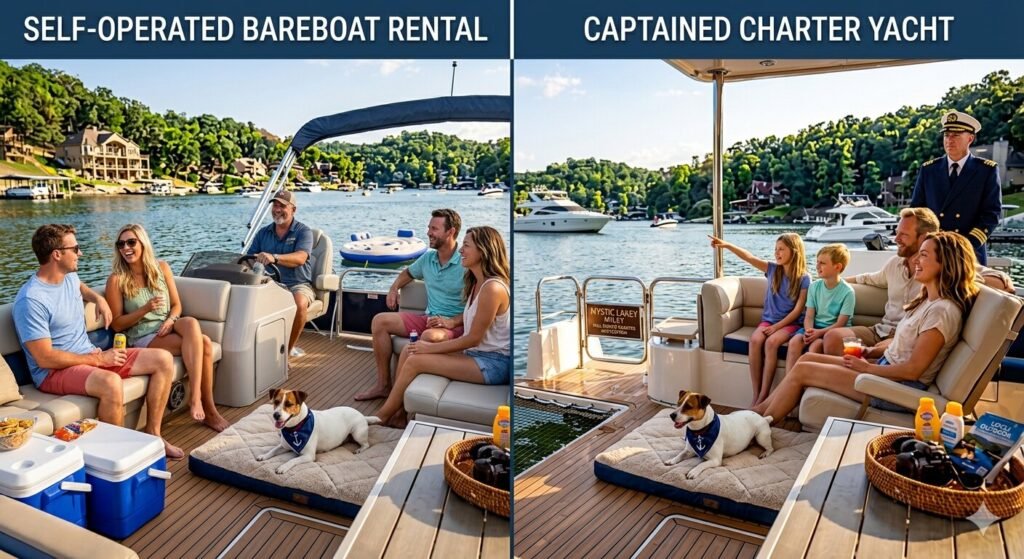 Side by side comparison view of a self operated bareboat rental and a captained charter yacht at Lake of the Ozarks Missouri