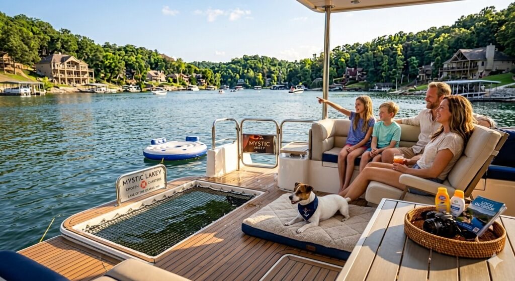 Small dog relaxing on the front deck of a pontoon charter boat at Lake of the Ozarks on a summer day