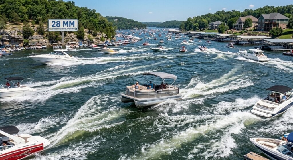 Small pontoon boat navigating choppy wake conditions on the Lake of the Ozarks main channel during peak hours