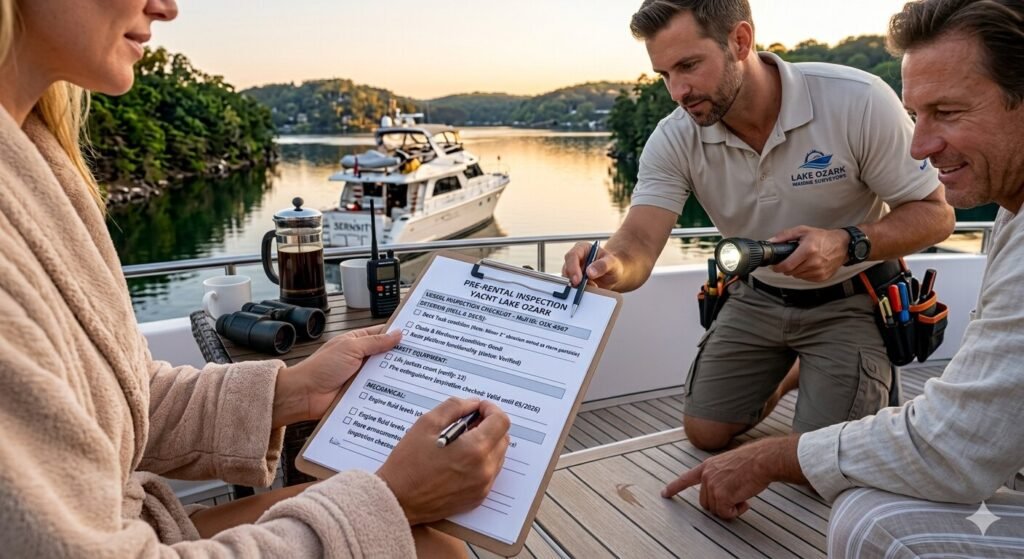 Staff member conducting pre-rental inspection on a luxury yacht at Lake of the Ozarks