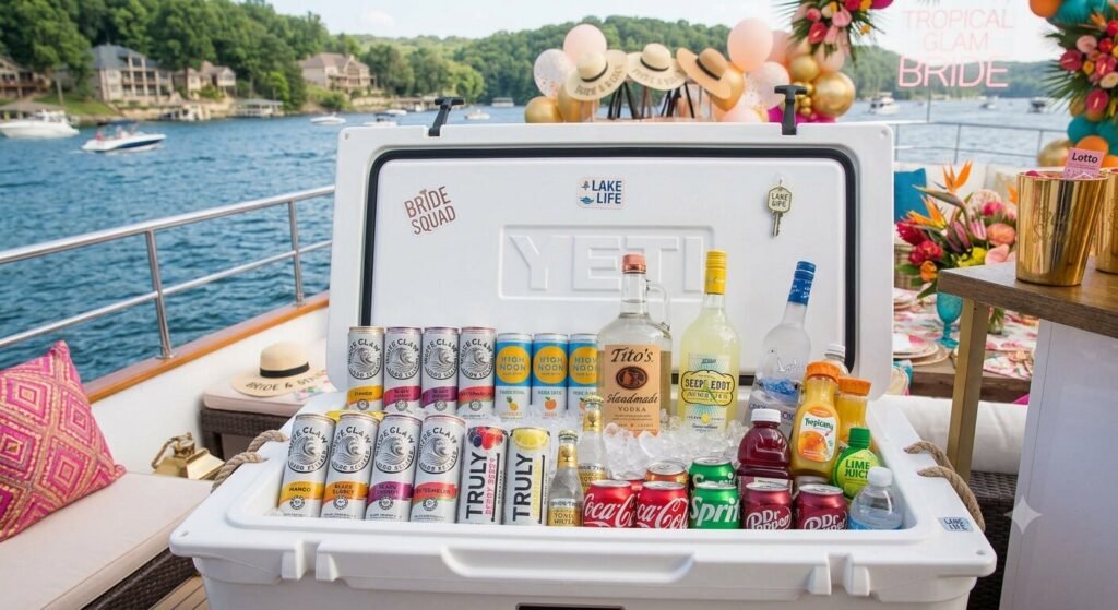 Stocked cooler with hard seltzers, vodka, and mixers for a bachelorette boat day on Lake of the Ozarks