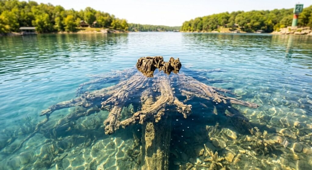 Submerged tree stump visible below the water surface in a quiet cove at Lake of the Ozarks