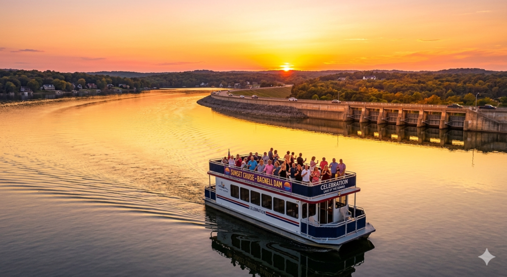Sunset cruise on Lake of the Ozarks with golden reflections on calm water near Bagnell Dam