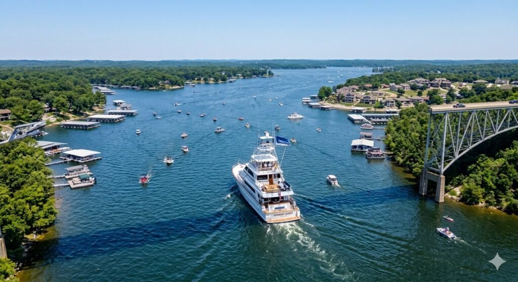 Tall flybridge yacht cruising the main channel of Lake of the Ozarks on a clear summer day