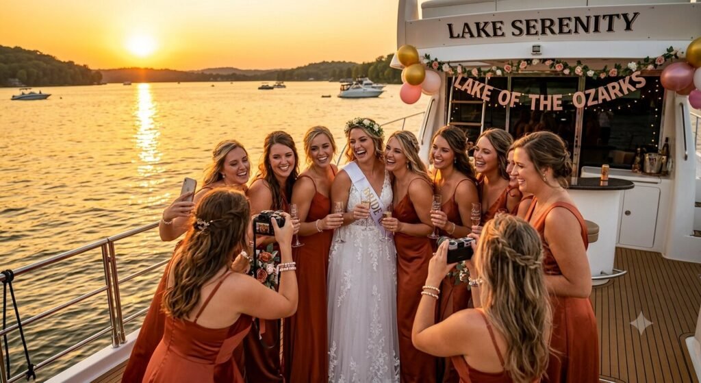 Text Bride and bridesmaids taking sunset photos on charter boat deck at Lake of the Ozarks