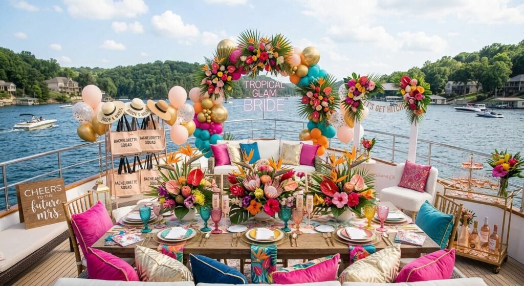 Tropical glam bachelorette party setup on a luxury boat with tropical flowers and colorful decor at Lake of the Ozarks