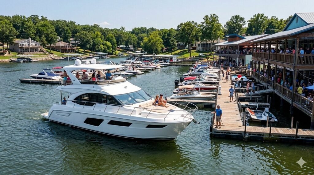 Twin engine yacht approaching lakefront restaurant dock at Lake of the Ozarks summer afternoon