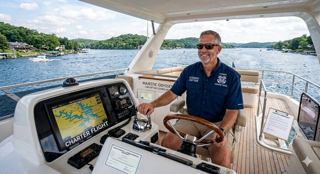 USCG certified captain at the helm of a luxury yacht on Lake of the Ozarks Missouri