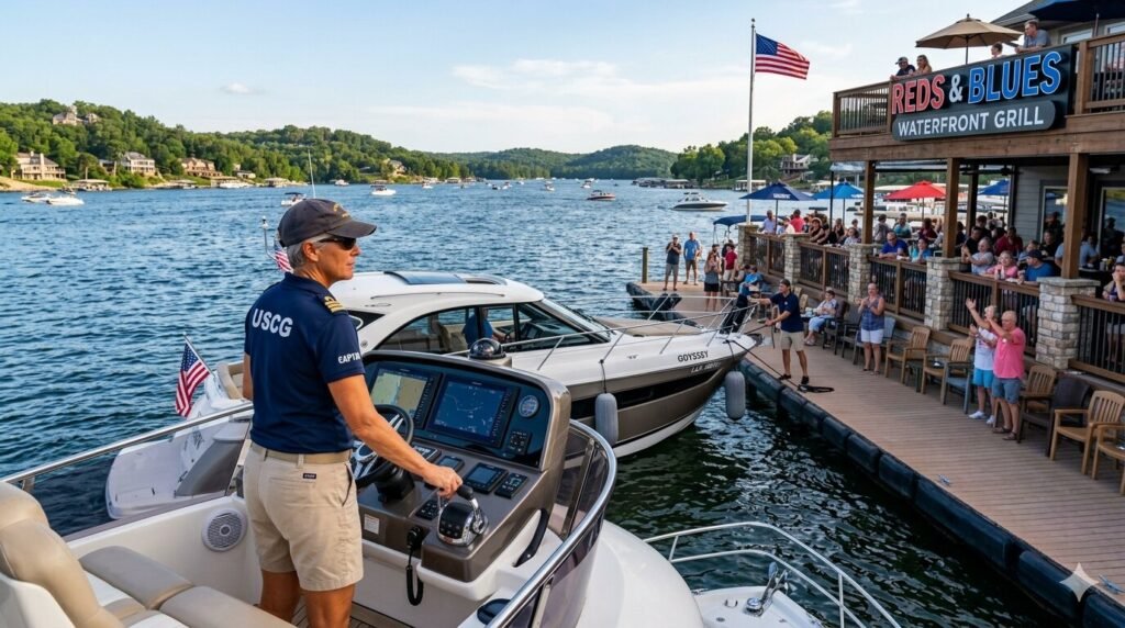 USCG-certified captain docking yacht at Lake of the Ozarks waterfront restaurant