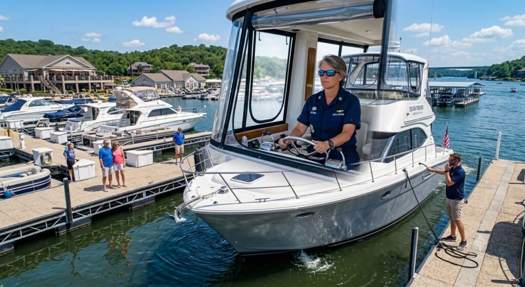 USCG-certified captain maneuvering a charter yacht toward a commercial dock at Lake of the Ozarks