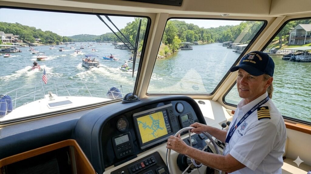 USCG-certified captain steering yacht toward calm water at Lake of the Ozarks holiday weekend
