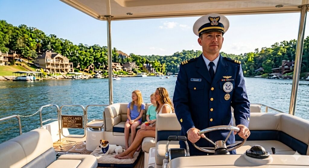 USCG licensed captain at the helm of a luxury captained charter yacht on Lake of the Ozarks