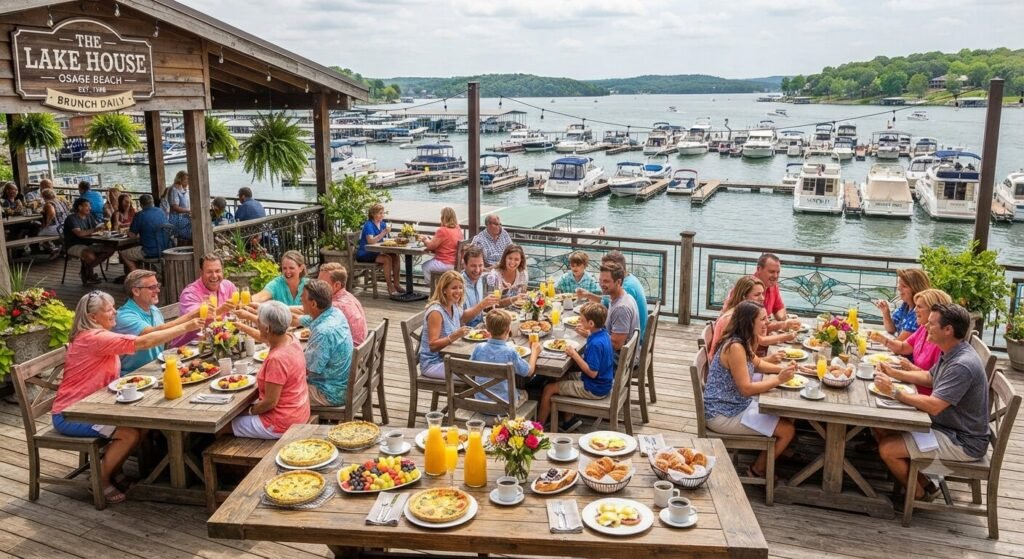 Waterfront restaurant patio seating in Osage Beach for brunch groups