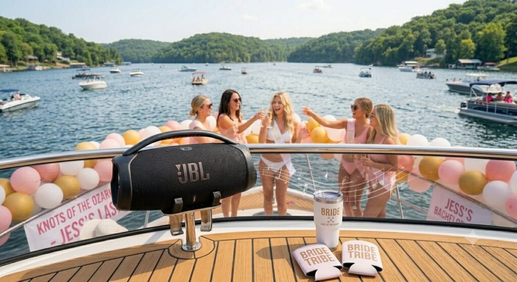 Waterproof Bluetooth speaker set up on a charter yacht deck during a bachelorette party cruise at Lake of the Ozarks