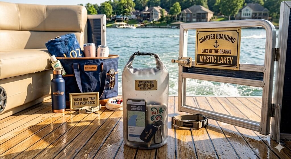 Waterproof dry bag holding phone keys and valuables on the deck of a charter yacht at Lake of the Ozarks Missouri