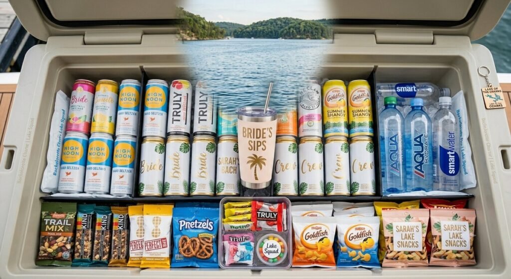 Well-organized cooler packed with canned beverages and snacks for bachelorette boat day at Lake of the Ozarks