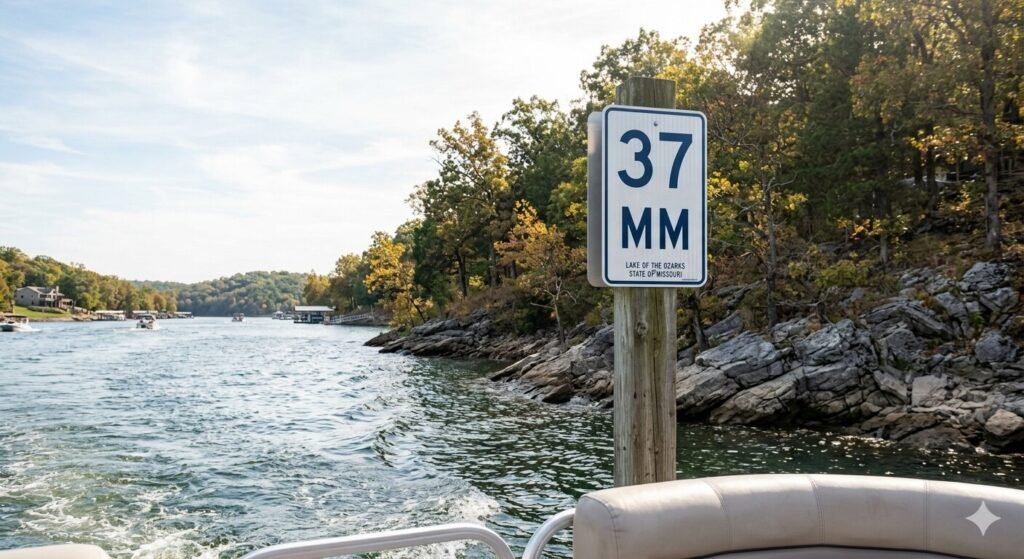 White mile marker sign mounted on shoreline post visible from a boat on Lake of the Ozarks Missouri